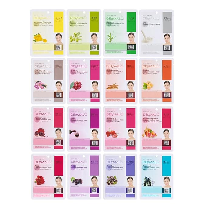 DERMAL Korean Collagen Face Mask ??Hydrating & Soothing Sheet Mask with Panthenol ??Hypoallergenic Calming Moisture Care for All Skin Types ??16 Combo Pack B