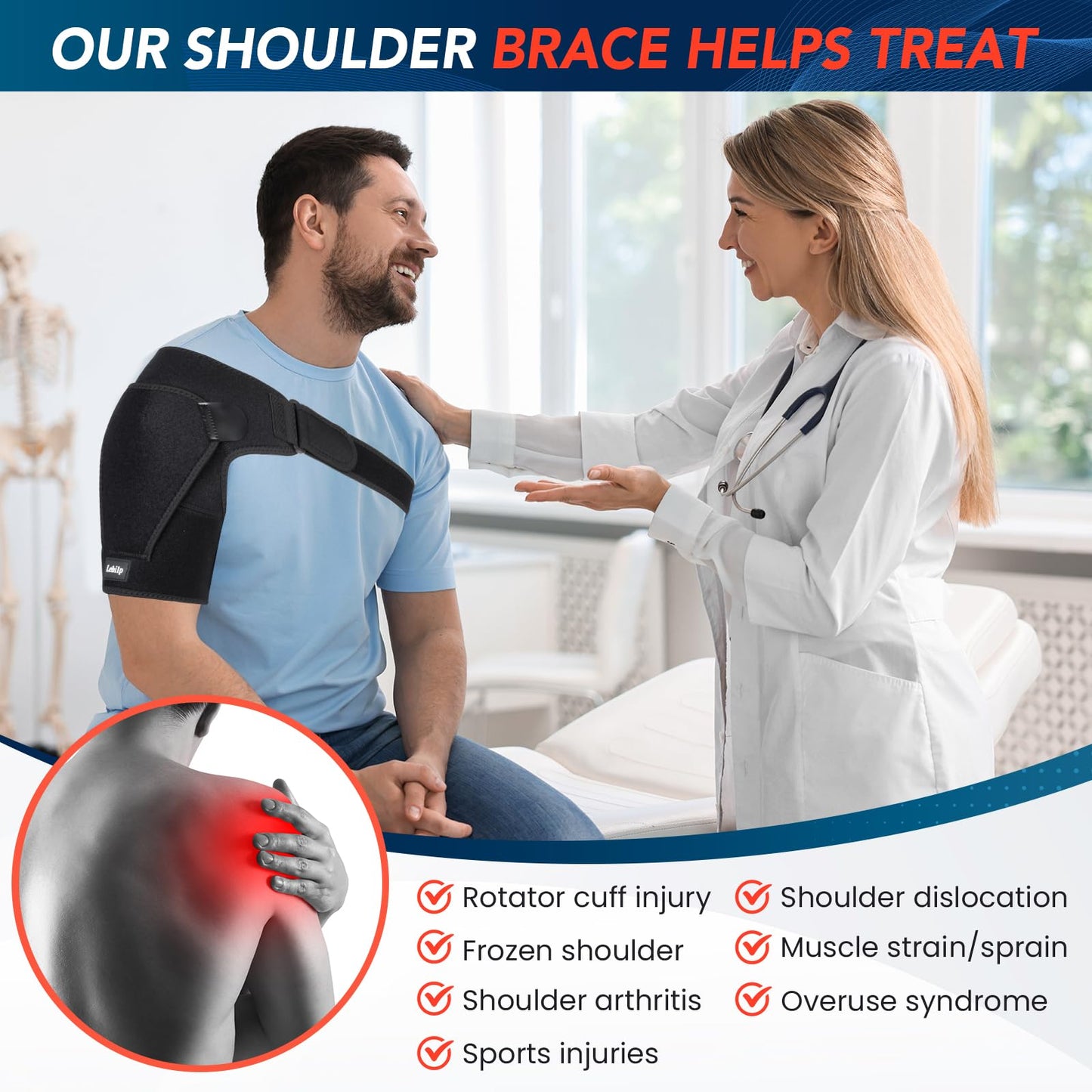 Lebilp Shoulder Brace with Adjustable Compression Sleeve for Rotator Cuff Support & Pain Relief, Hot/Cold Pack Compatible, Breathable Stabilizer with Arm Sling, Fits Left/Right Arm for Men & Women