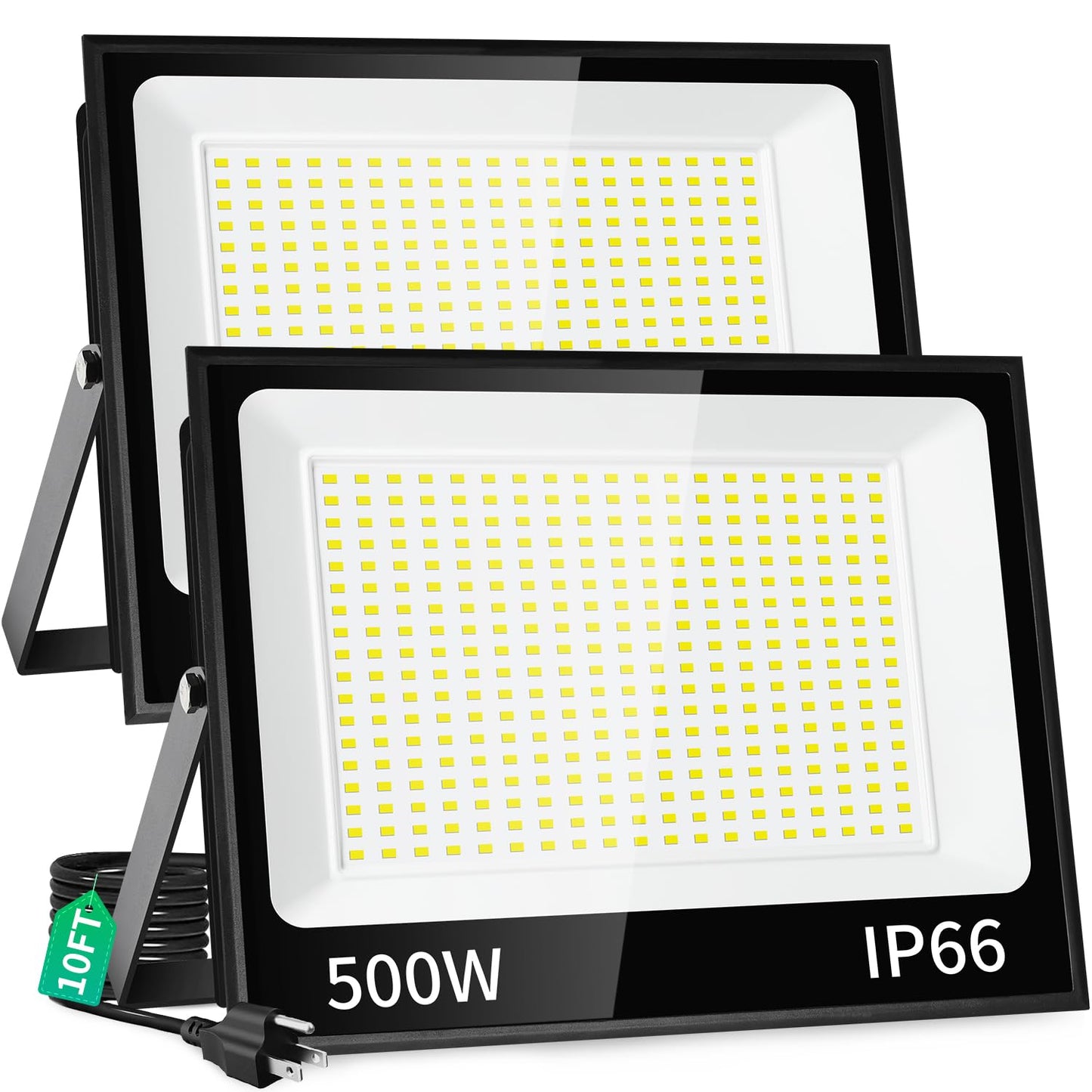 ISUERFY 500W LED Flood Light Outdoor with Plug+10ft Cable, 60000LM Ultra Brighter 5000K Exterior Security Light, IP66 Waterproof Commercial Lighting for Sports Fields Counts Arena Stadium(2 Pack)