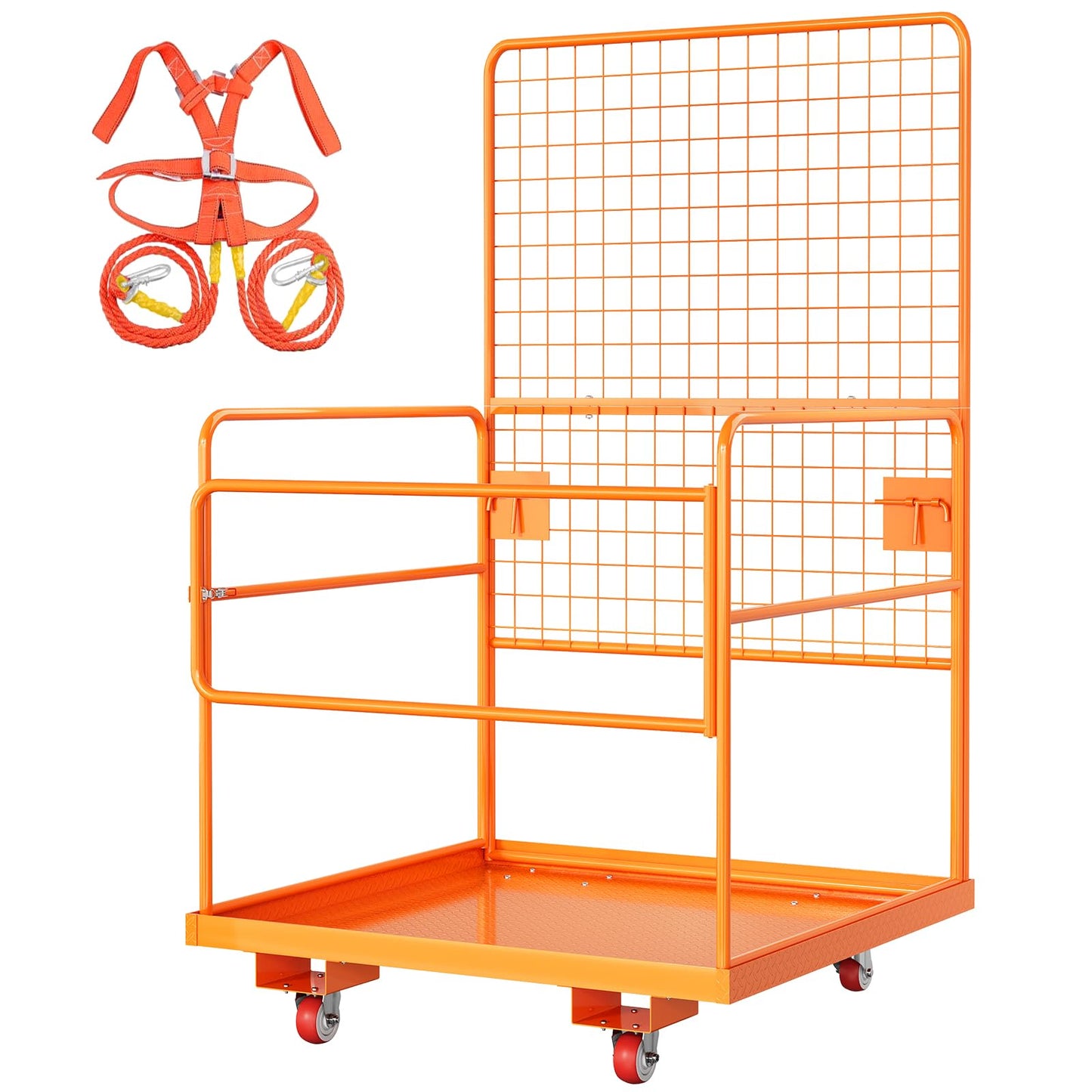 45 in x 43 in Forklift Safety Cage, GarveeTech Max. 2200 LBS Heavy Duty Steel Forklift Man Basket, Foldable Forklift Work Platform with Guardrails, Safety Harness, Wheels, Perfect for Aerial Work