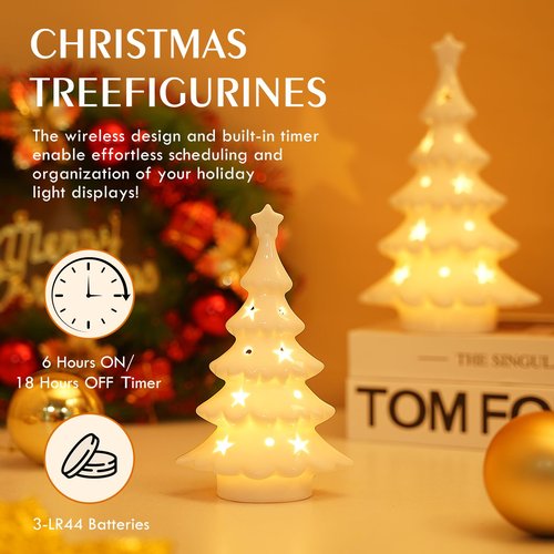 Luxstyra 2 Pcs Light Up White Ceramic Christmas Trees, Table Top Christmas Tree with Lights, Porcelain Tree Figurine with Timer, Small Ceramic Christmas Trees Set, White Christmas Decor for Tabletop