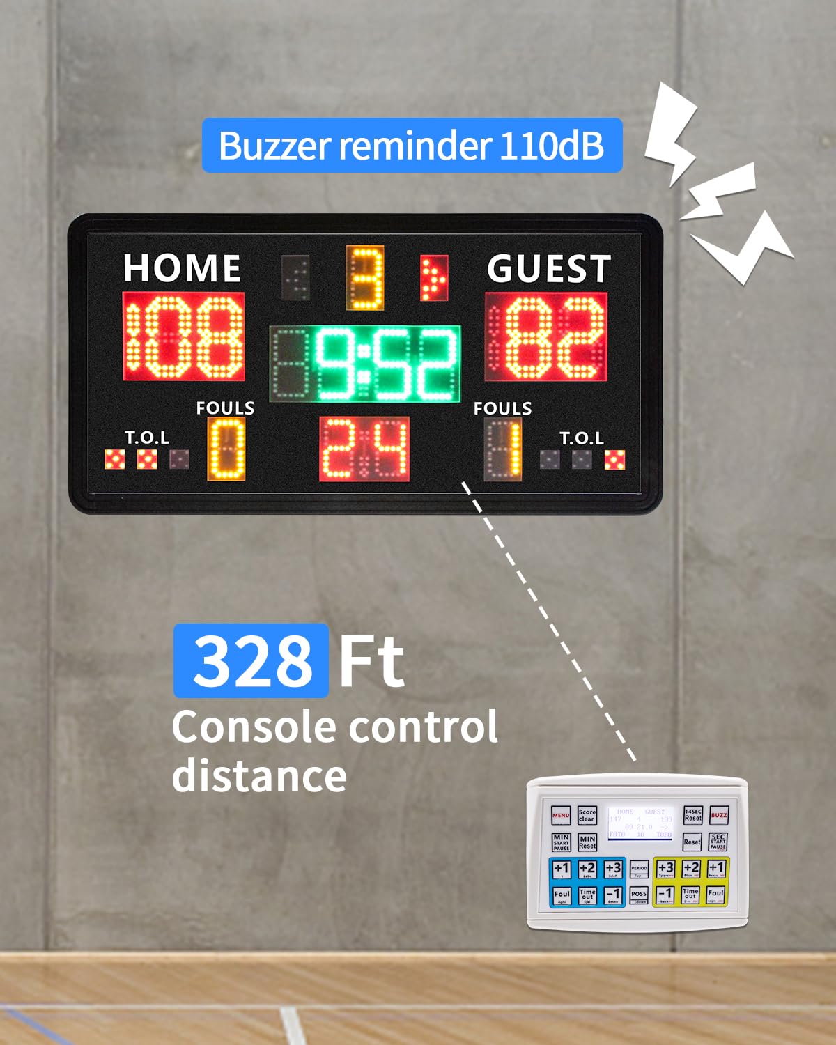 GAN XIN Large Electronic Scoreboard with Panel Control,Wall-Mounted Digital Scoreboard & Timer,Basketball Shot Clock 14/24 Second & Custom Time,Score Keeper with LED Display, 110dB Loud Buzzer