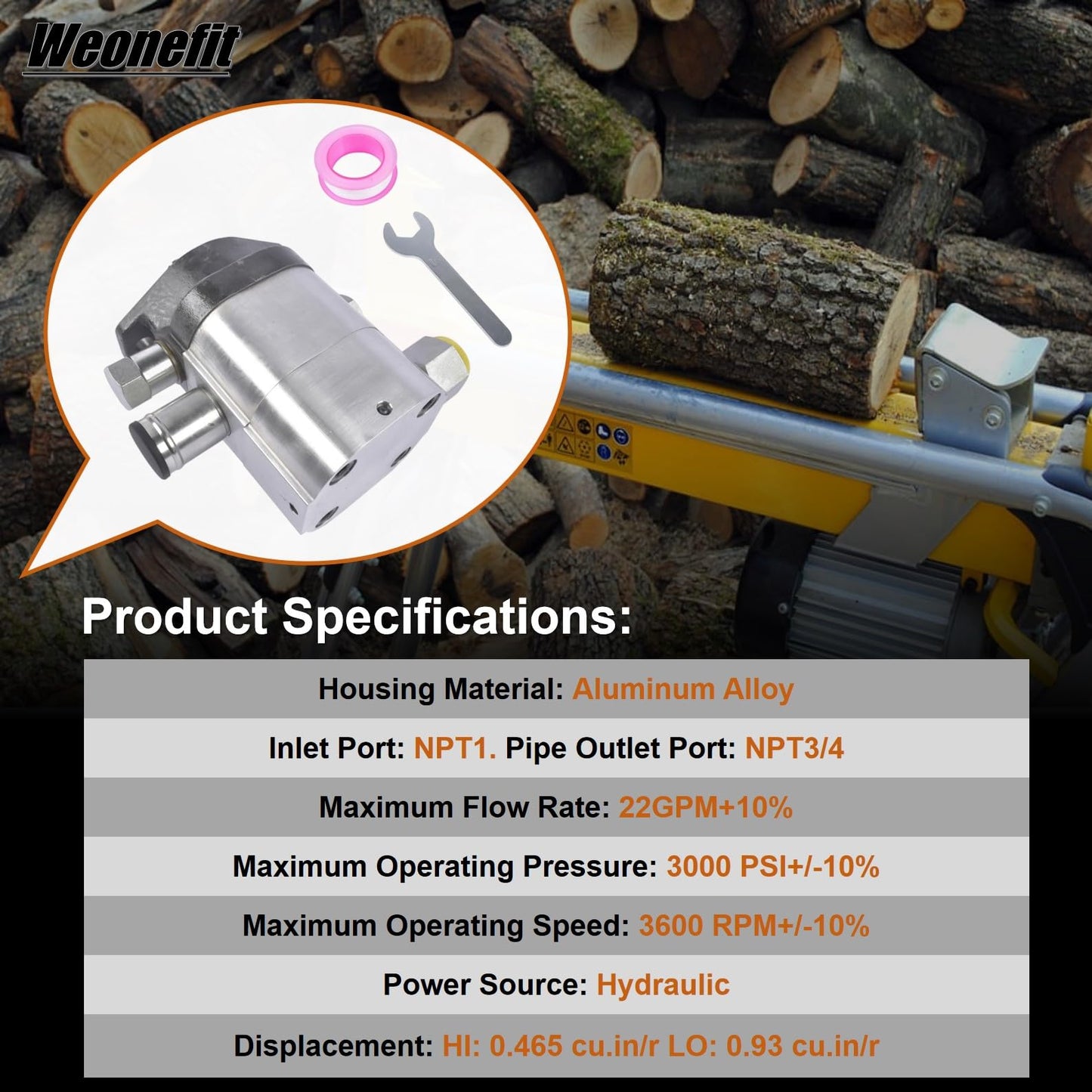 Hydraulic Wood Log Splitter Pump - 22 GPM | 2 Stage | 3000 PSI | Aluminum HI/LO Gear Pump with 3600 RPM, NPT3/4 Outlet Port, NPT1 Inlet Port, 5/8" Diameter Shaft