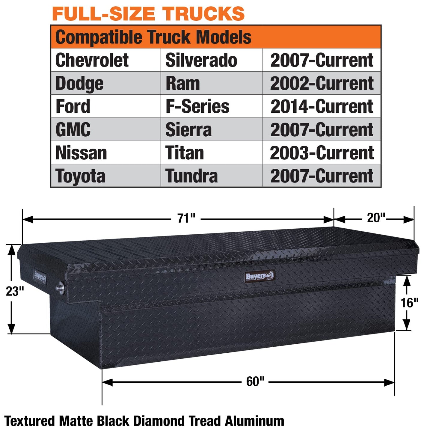 Buyers Products Crossover Truck Tool Box, Heavy Duty Saddle Cargo Bed Organizer for Equipment Accessories Storage, Metal Diamond Tread Aluminum, Deep, 71x20x23, Matte Black, 1739415