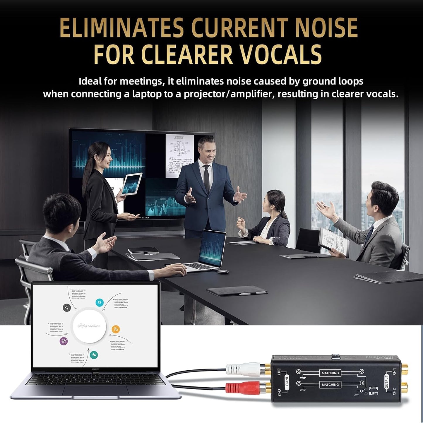Audio Hum Eliminator Ground Loop Noise Isolator (No Affects Bass), Dual Channel Gold Coating Aluminum Shell Noise