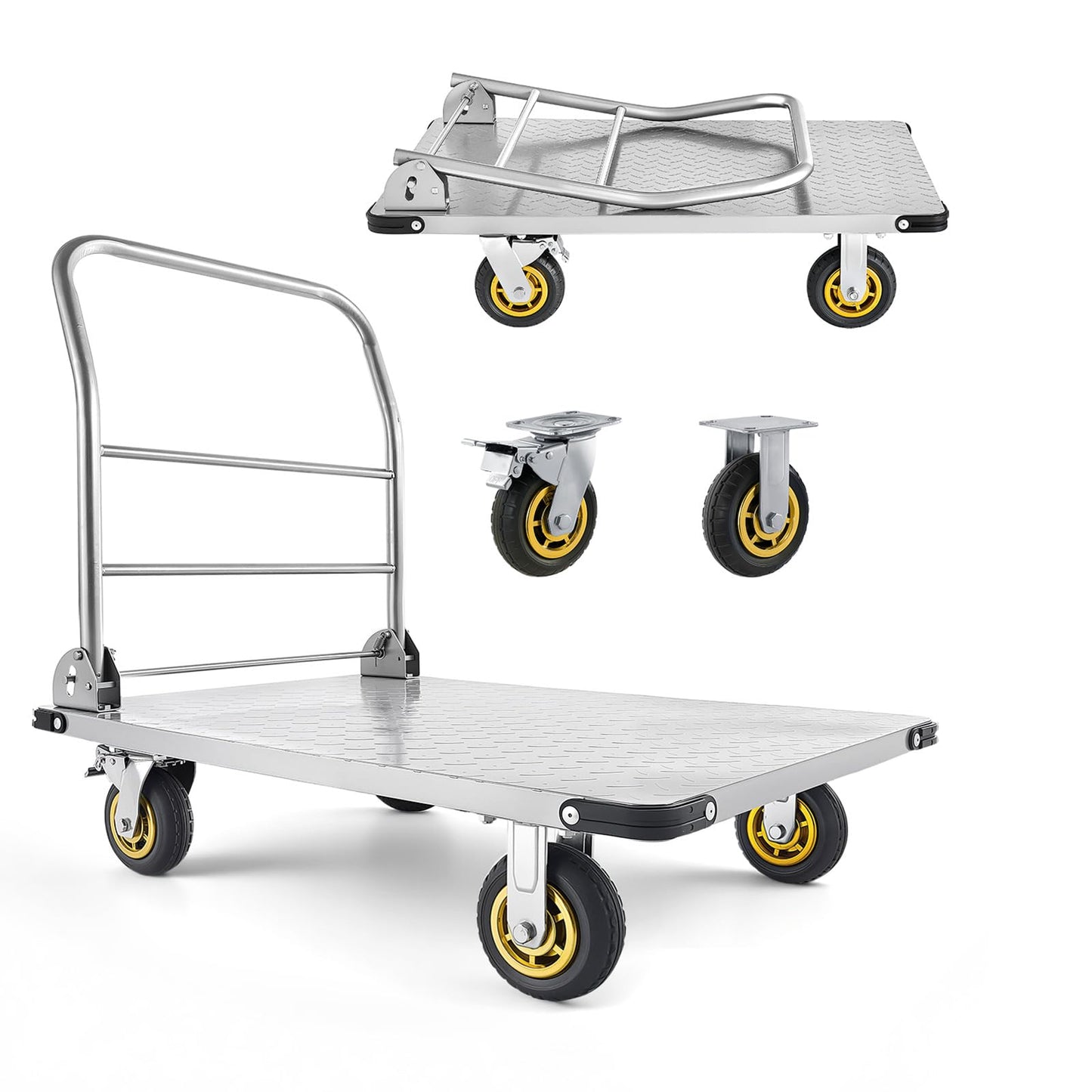 VEVOR Heavy Duty Platform Truck, 2000 LBS Steel Large Flatbed Cart with 360° Swivel Wheels & Brakes, Foldable Platform Hand Push Truck Dolly for Easy Storag/Groceries/Garage/Warehouse (36" X 24")
