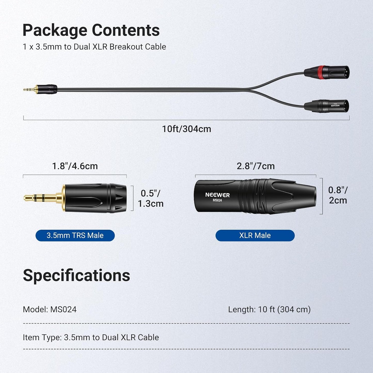 3.5mm 1/8 Inch 10ft MP3 MS024 NEEWER TRS AUX to Dual XLR Breakout Cable, Male to Male Audio Cord Adapter Connector