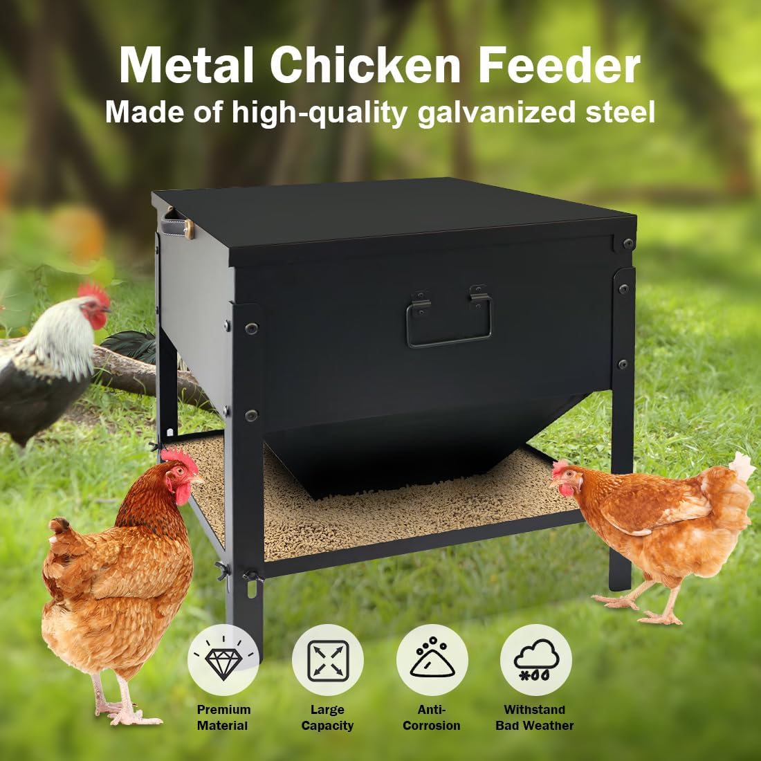 DOLEMODUO Metal Chicken Feeder No Waste, Large Capacity Poultry Feeder, Adjustable Galvanized Steel Chicken Coop Feeder with Lid and Handle