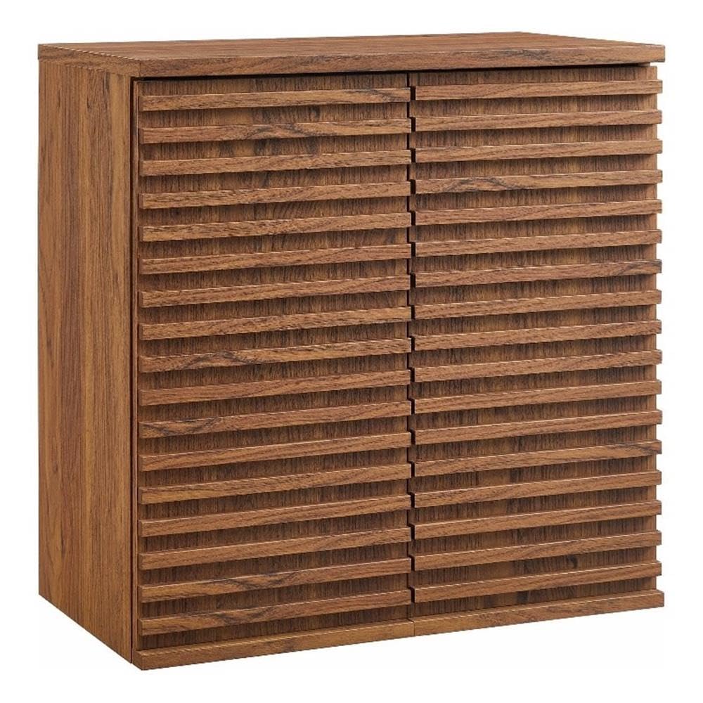 Modway Render Wall Mounted Bathroom Cabinet in Walnut - 23.5 Inch Compact Wall Storage with Slatted Doors and Adjustable Shelves for Bathroom or Laundry Room