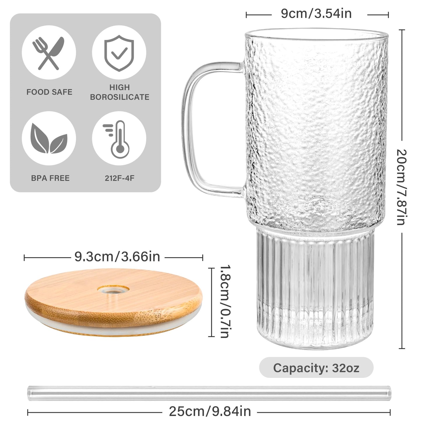 Oroklis 32oz Ribbed Glass Cup with Handle Lid and Straw, Borosilicate Glass Tumblers, Iced Coffee Cups Modern Glass Mug Hot/Cold Drinks for Smoothies, Tea, and Juice (clear-1 Pack-Bamboo Lid)