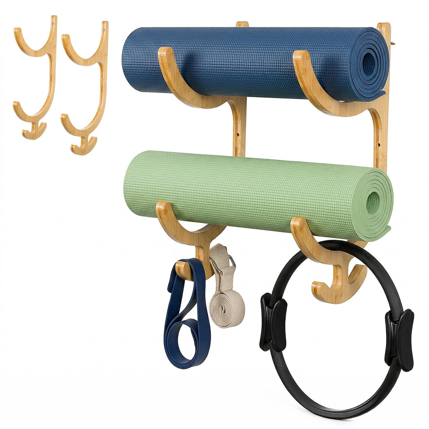 Wooden Yoga Mat Storage Rack Wall Mount, Yoga Mat Holder Hanging Hooks for Home Gym Equipment Storage, Fitness Class Room Mats Storages Organizer for Resistance Band, Home Gym Accessories