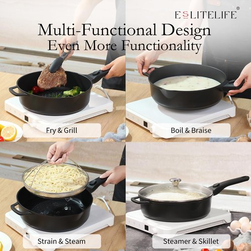 ESLITE LIFE Nonstick Always Pan with Lid, 11 Inch(4.5 Qt) Deep Frying Skillet Sauté Pan, Safe for Oven, Induction & All Cooktops, PTFE & PFOA Free (Black Granite, 11" w/Lid & Steamer)