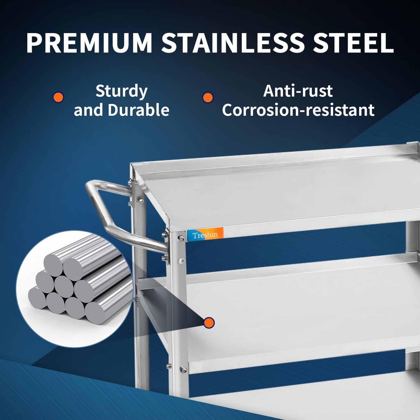 Treshin 3 Tier Stainless Steel Utility Cart, 16.73" W x 27.76" L x 31.61" H Commercial Heavy Duty Metal Food Service Trolley Rolling with Handle for Kitchen Home Restaurant Hospital Lab and Hotel