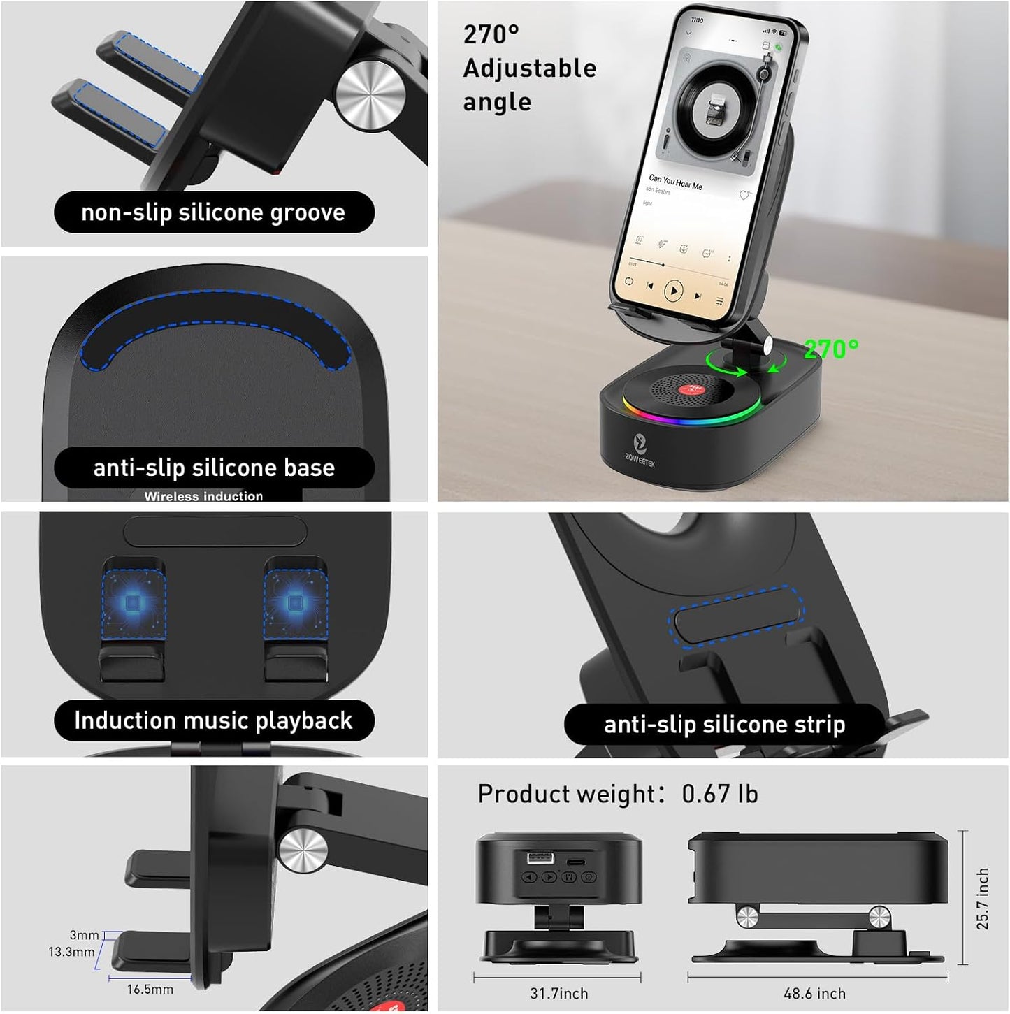 ZOWEETEK Sound,8H 5.3,Anti-Slip Cell Phone Stand with Wireless Bluetooth Speaker,Loud + Playtime,Bluetooth Base,Phone