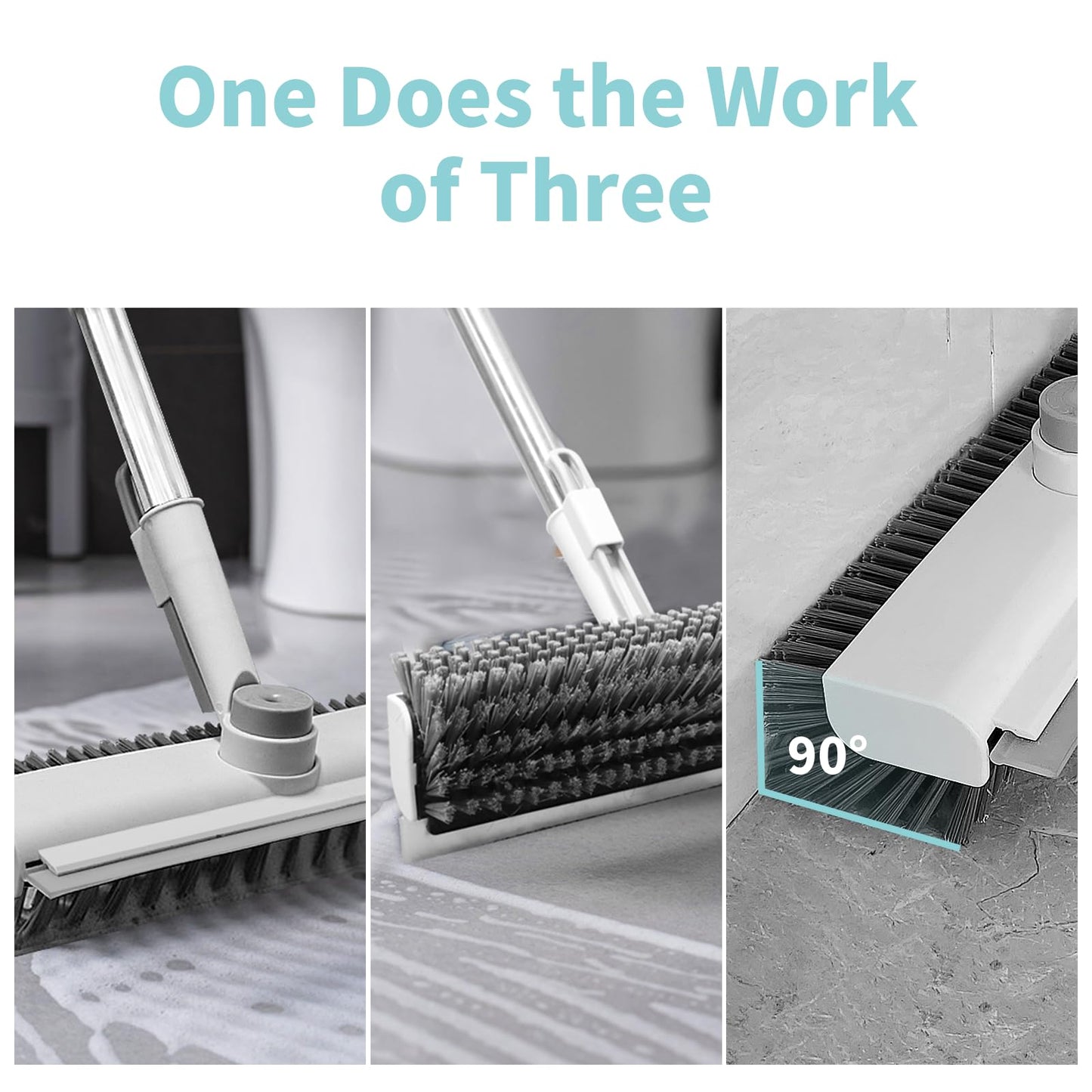 Floor Scrub Brush with Long Handle, 3 in 1 Scrape and Heavy-Duty Stiff Bristle Scrubber Brush for Cleaning Shower Bathroom, Patio, Pool, Garage, Kitchen, Wall and Deck (White, 1 Pack)