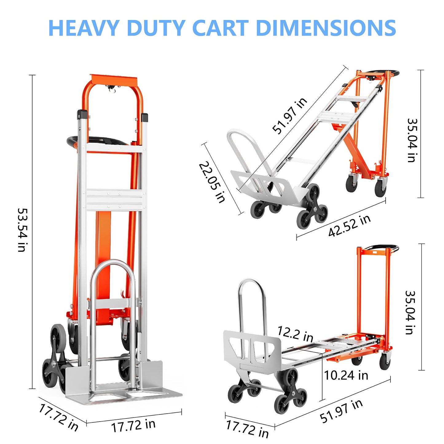 4 in 1 Industrial Convertible Stair Climbing Cart 1000 LBS Capacity, Heavy Duty Aluminum Hand Truck Dolly Cart with Solid Wheel, Folding Stair Climbing Cart Trolley for Transport Logistics Moving