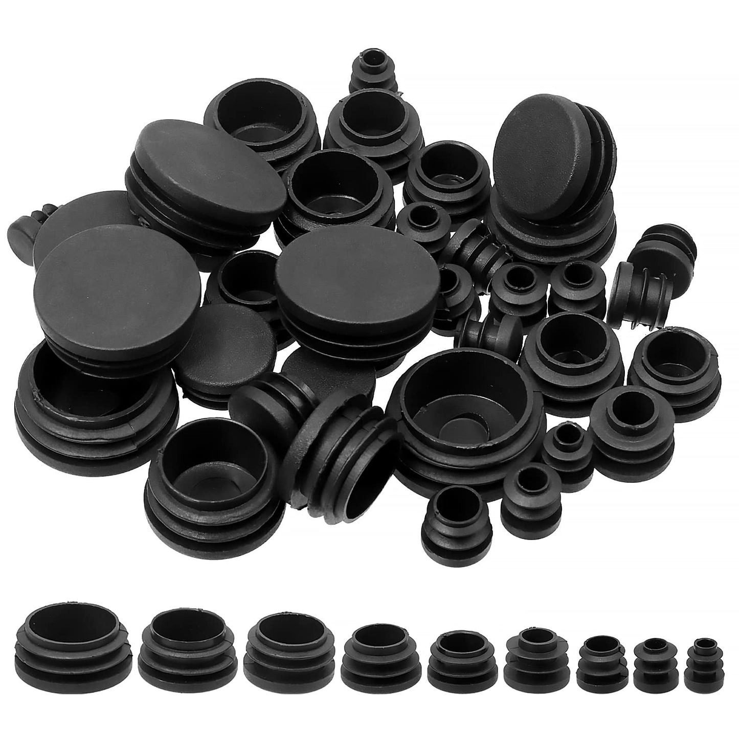 Swpeet 180Pcs 9 Sizes 15/32" 11/20" 3/5" 3/4" 9/10" 1" 1-1/5” 1-1/4" 1-1/2" Black Round Plastic Plug Tubing End Caps Assortment Kit, Tubing Post End Cap for Metal Tubing and Furniture Protection Glide