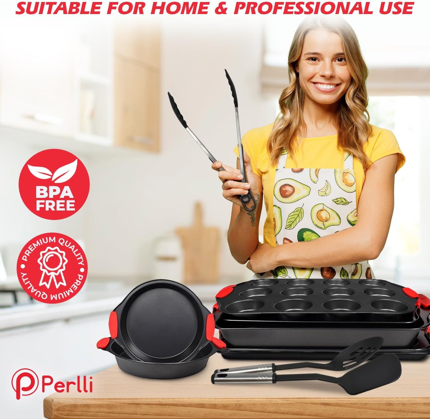 Perlli Non-Stick 17-Piece Baking Pan Set - BPA-Free Carbon Steel Bakeware with Silicone Handles | Oven Safe Up to 446°F