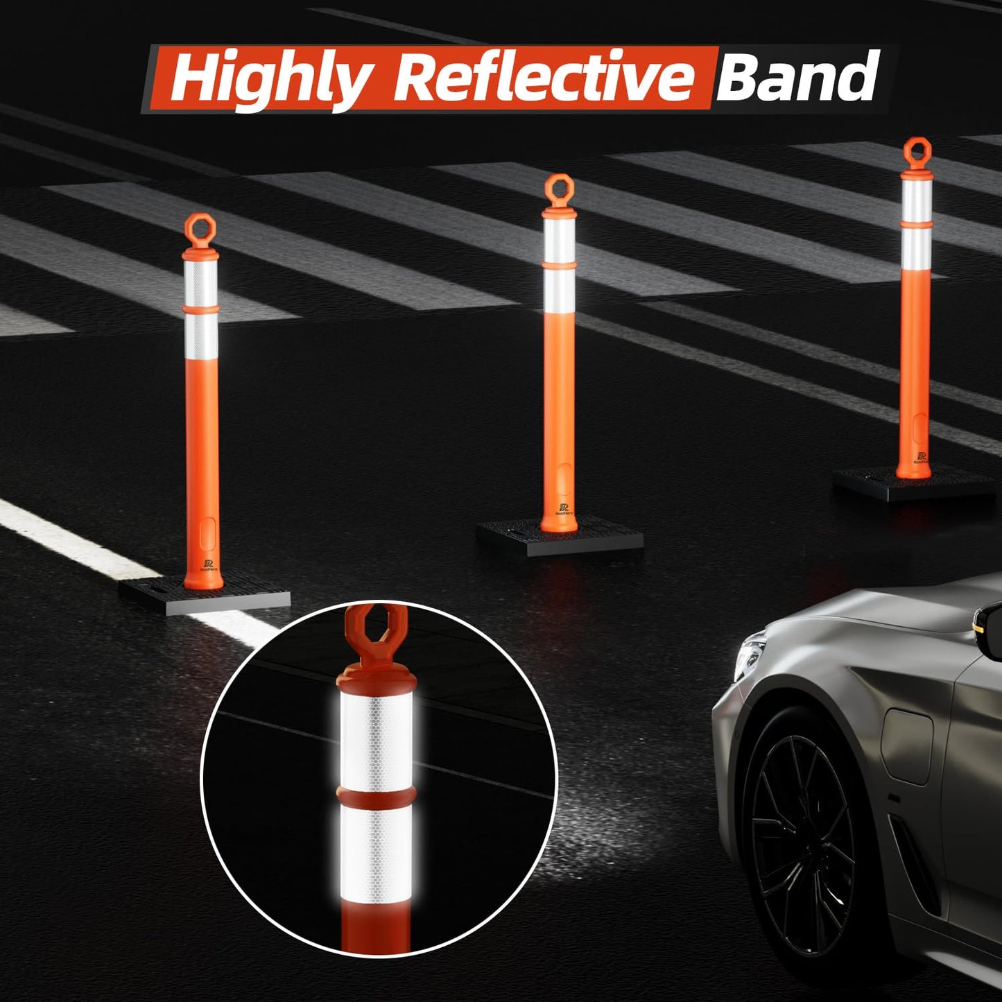 RoadHero 42 Inch Delineator Post with Base, Portable Orange Traffic Delineator Posts Cones with Reflective Collars for Parking Lots, Road Safety, Construction Events (6 Pack)