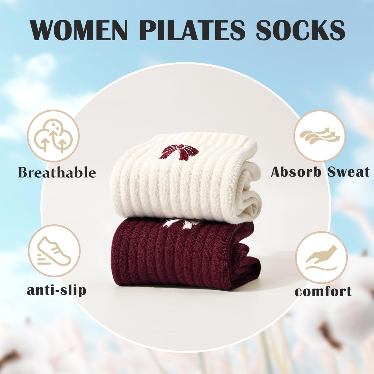FIYIGO Cute Pilates with Grips Socks for Women Yoga Non Slip Embroidery Bow Socks for Fitness, Ballet,Dance Workout -（White + Red）