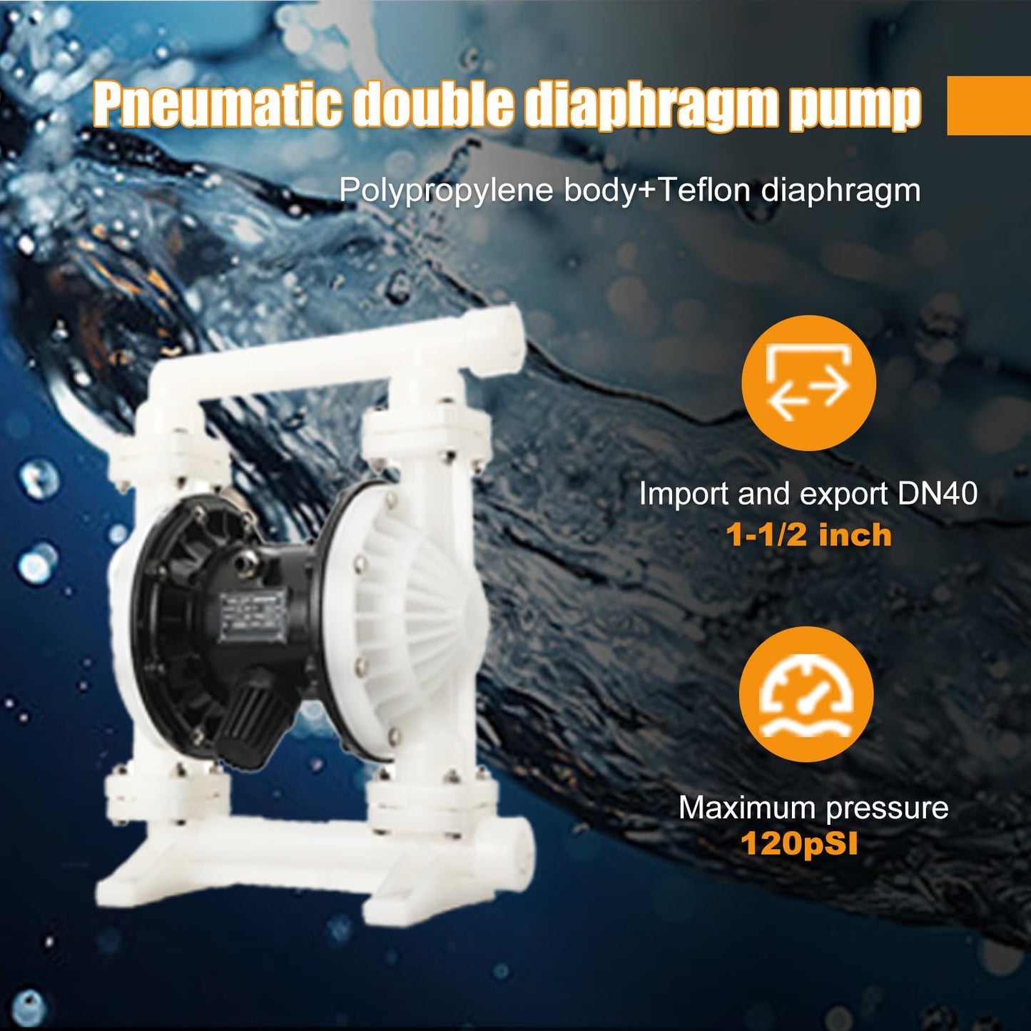 Cozyel Pneumatic double diaphragm pump, 1-1/2 inch inlet & outlet DN40, polypropylene body, 35GPM and Max 120pSI, chemical pump bleaching oil transfer