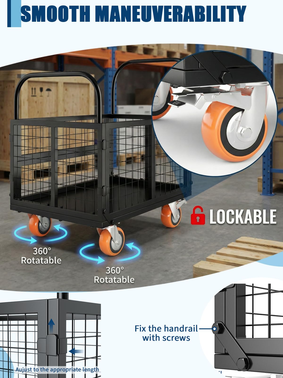 GarveeTech Platform Truck Cart with Cage, 6-in-1 Multi-Purpose Flatbed Cart, Foldable Hand Truck Load 1800 LBS with 4 Wheels Push Cart Dolly for Grocery, Laundry, Garage, Warehouse (Black)