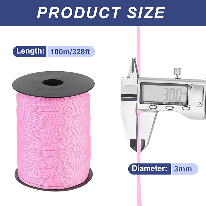 MECCANIXITY 1/8 Inch Polypropylene Rope Braided Ropes, 328ft Nylon Rope Hollow Utility Cord for Clothesline, Camping, Hiking, Outdoor, Light Pink