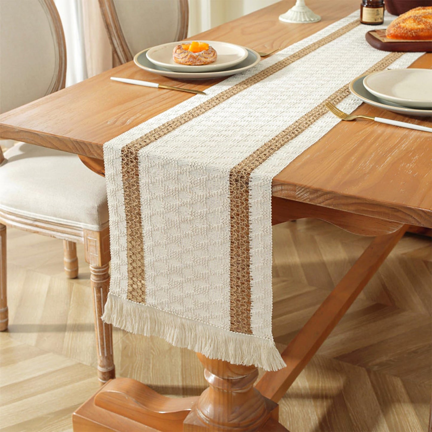 Niviy Boho Table Runner 90 Inches Long Summer Farmhouse Macrame Table Runner Cotton Linen Woven Table Runners for Fall Dining Table Home Baby Bridal Shower Decor , Beige & Brown