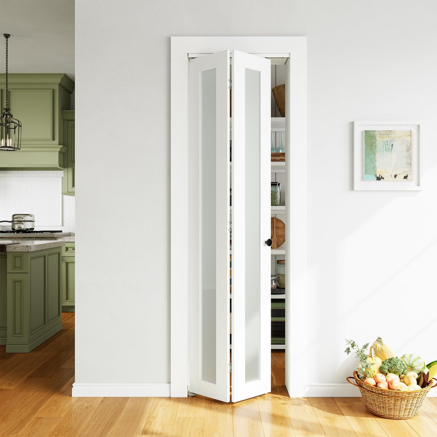 SMARTSTANDARD Bifold Door, 24'' x 80" Tempered Frosted Glass, Interior Folding Door with Hardware Track Kits, Easy Assembly, MDF, White
