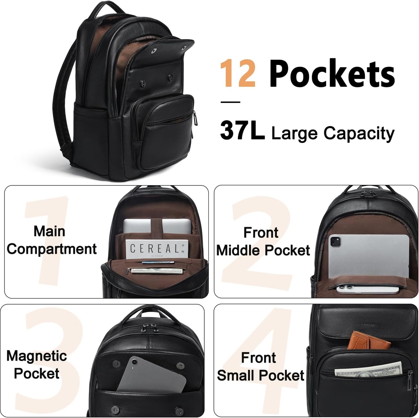 37L Backpack Pack Backpack Leresas Purse for Women Mens Work Travel Teacher Back Laptop Business Vegan Leather Fashion