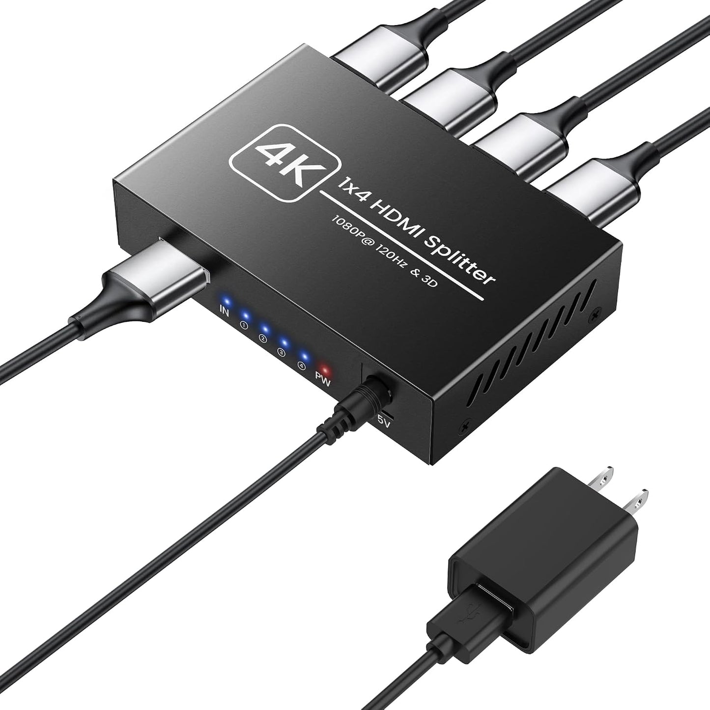 Happfeel 1 4 1x4 5V 4K@30Hz, 1080P@120Hz, 3D, HDMI Splitter in Out Mirror Display Only, Powered HDMI Video Splitter