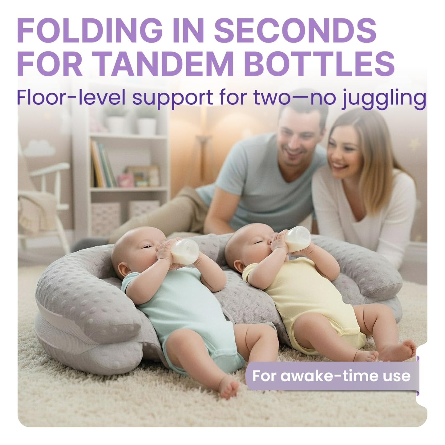 WENDIWAY Twins Baby Play Mats for Floor Activity Gym - 5-in-1 Support Cushion Baby Play Mat Tummy Time Mat for Supervised Bonding with Arch, Plush Toys, Flashcards & Developmental Book - Grey