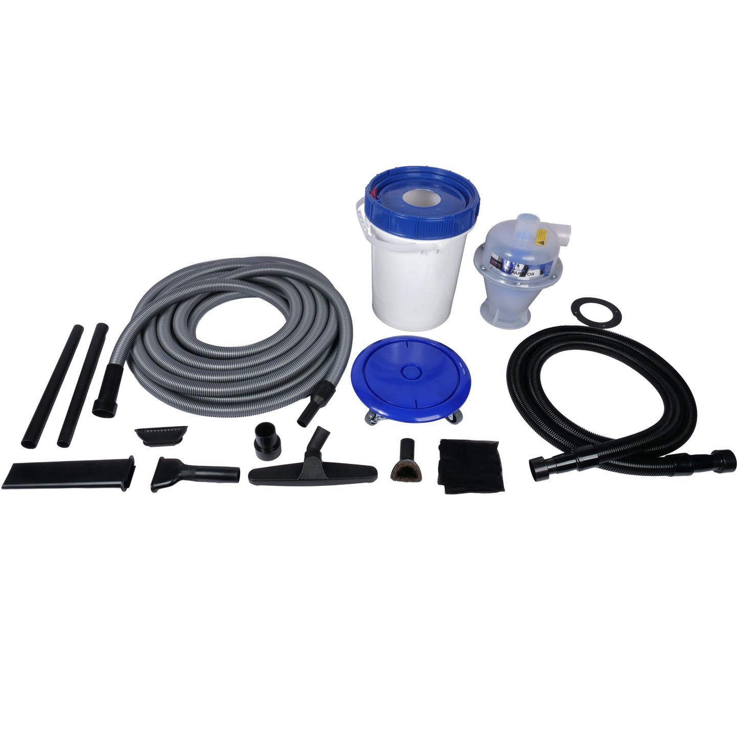 Quick Click Dust Separator with Locking 5 Gallon Collection Bin and Dolly with 50 Ft. Hose Garage Vacuum Attachment Kit for Wet/Dry Vacuums