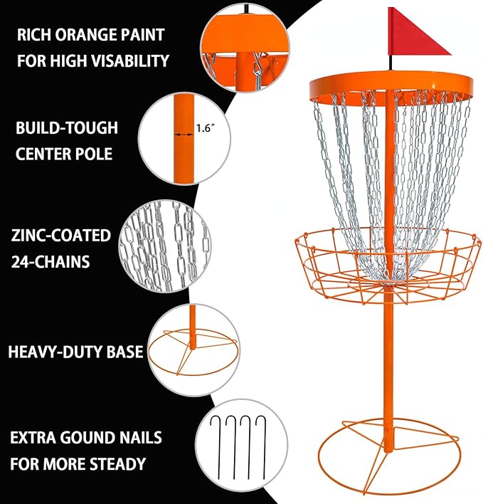 Disc Golf Basket with Discs | Portable Disc Golf Target with Heavy Duty 24-Chains Disc Golf Course Basket, Come with 6pcs Disc Golf Discs with Carry Bag