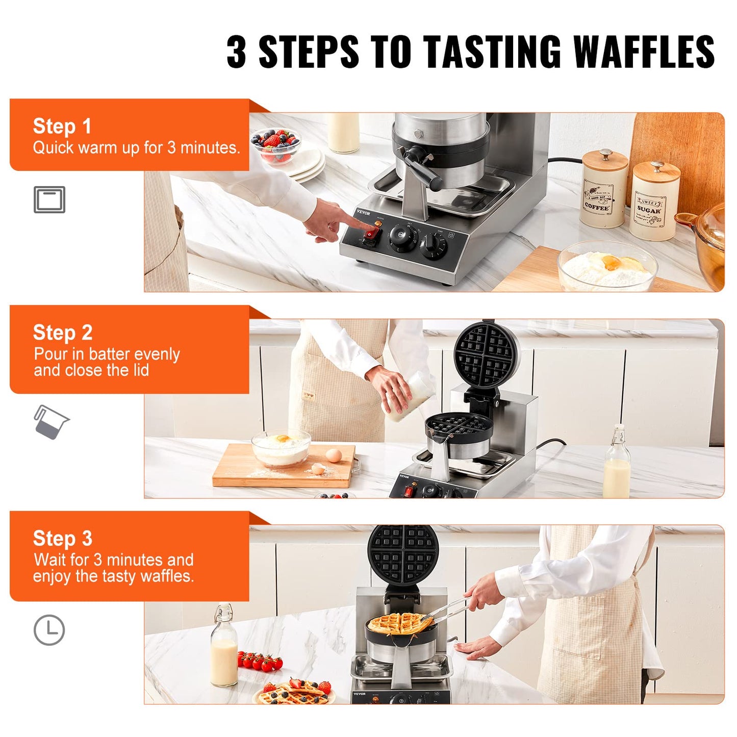 VEVOR Commercial Waffle Maker, 1300W Round Waffle Iron, Non-Stick Rotatable Waffle Baker Machine With 122-572℉ Temp Range and Time Control, Teflon-Coated Baking Pan Stainless Steel Body 110V