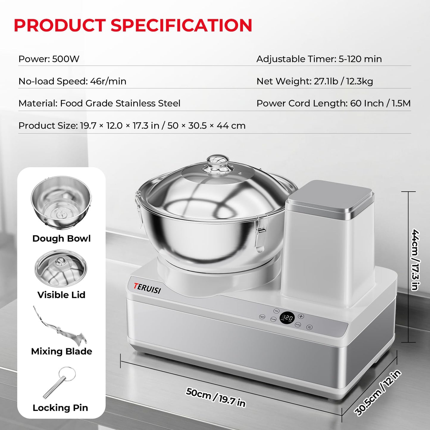 TERUISI Commercial Dough Mixer, 13.8QT Electric Dough Maker with LED Display Timer Ferment Function, Countertop Bread Mixer Kneading Machine with Stainless Steel Removable Bowl for 18LBS Flour Pizza
