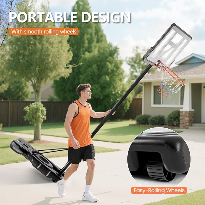Sweetcrispy Portable Basketball Hoop Outdoor 6.1-10FT Adjustable Height, 44 Inch Shatterproof Backboard/Shock Absorbent Rim, Fillable Base, 2 Wheels for Backyard/Driveway