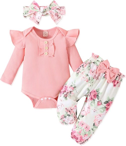 GDTOGRT Baby Girl Clothes - Ruffle Romper Set with Floral Pants & Cute Headband | Newborn Infant Outfit