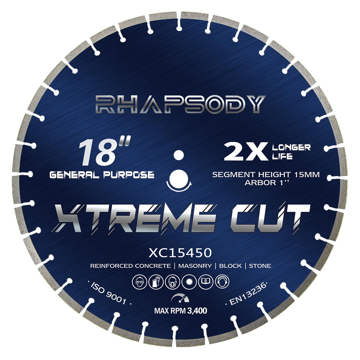 RHAPSODY 18 Inch Diamond Saw Blade - Segmented General Purpose for Dry/Wet Cutting Concrete, Reinforced Concrete, Masonry, Brick, Block - 1" Arbor