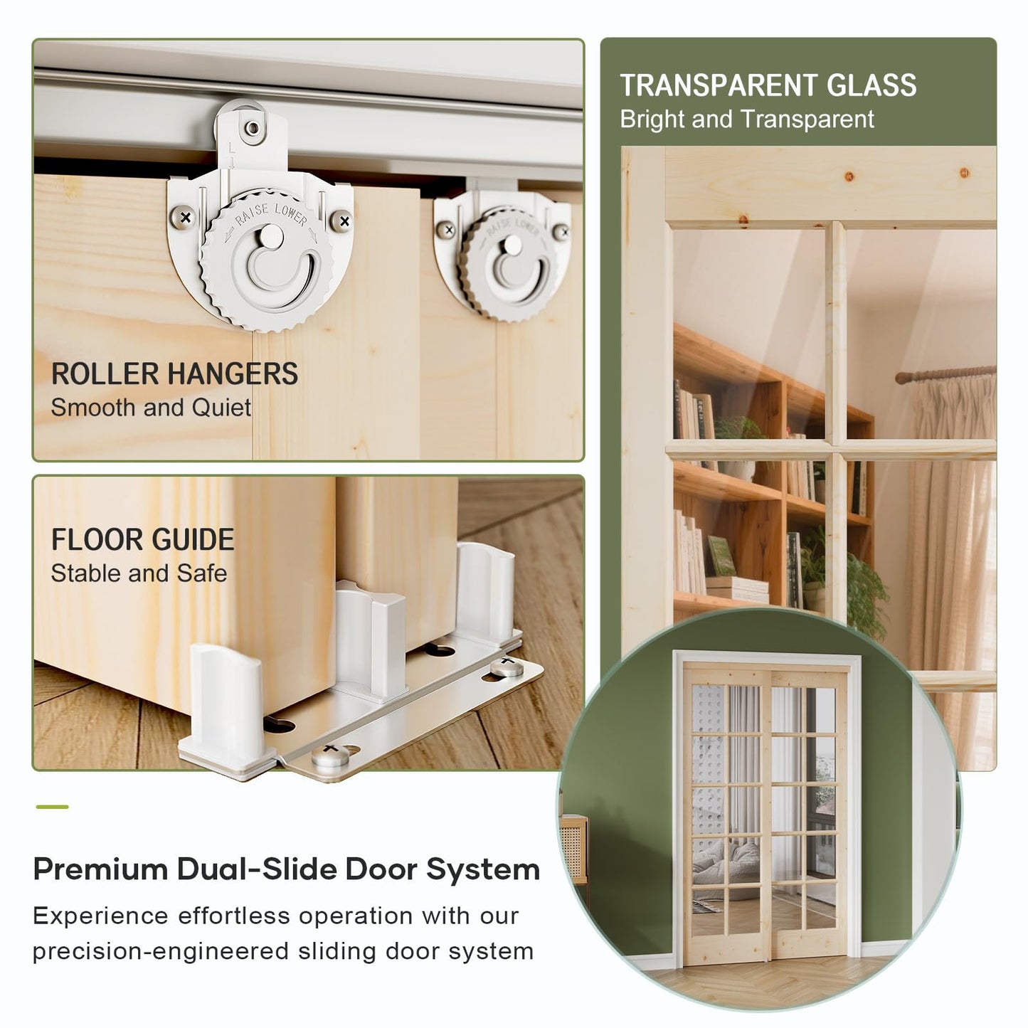 Easelife Preassembled Sliding Closet Door 48in x 80in (Double 25in), Spruce Wood Barn Door Slab with Bypass Hardware Track Kit, Tempered Clear Glass, Fit Interior Pantry Kitchen