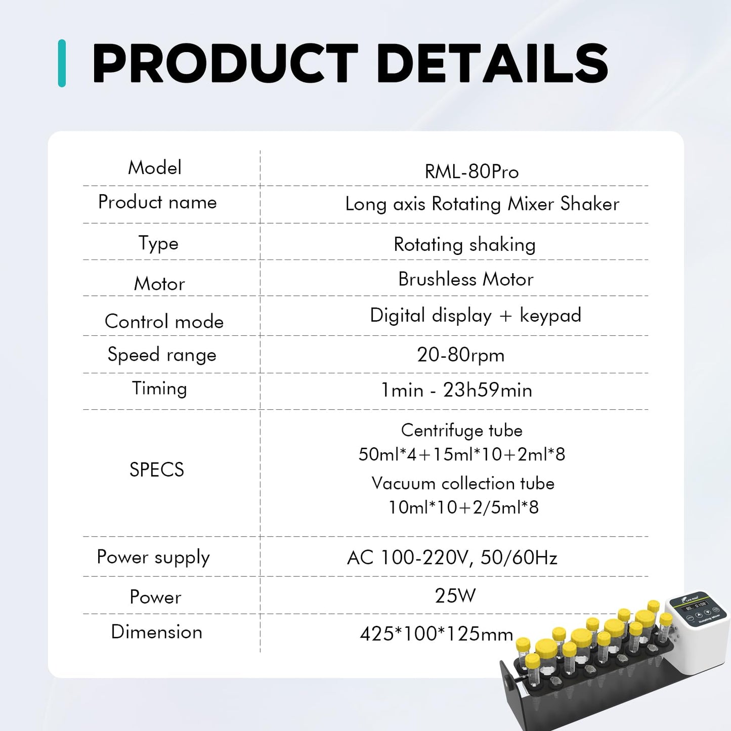LAB FISH Digital Long Axis Rotating Mixer Shaker Chemical Tube Mixer Adjustable Speed 20-80RPM Timer 1min-23h59min & Continuous Mode for 2/5/10/15/50ml Test Tubes