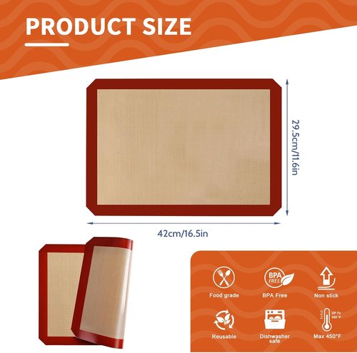 KitchenRaku Silicone Baking Mats - 2-Pack Reusable Nonstick Sheets, 16.5"x11.6", BPA Free for Cookies & Pastries