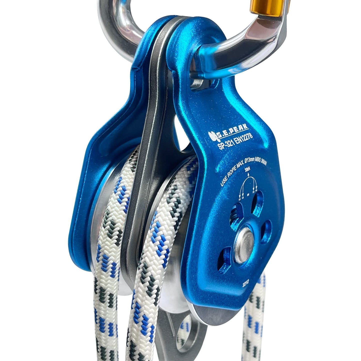 S.E.PEAK 30kN Upgraded Rescue Double Pulley Sheave with Swing Plate,CE High Strength Pulley for Backyard Zipline, Climbing, Rock Rescue Lifting, Hauling, Fit Rope up to 13 mm/Holds Up to 6750lbs,Blue