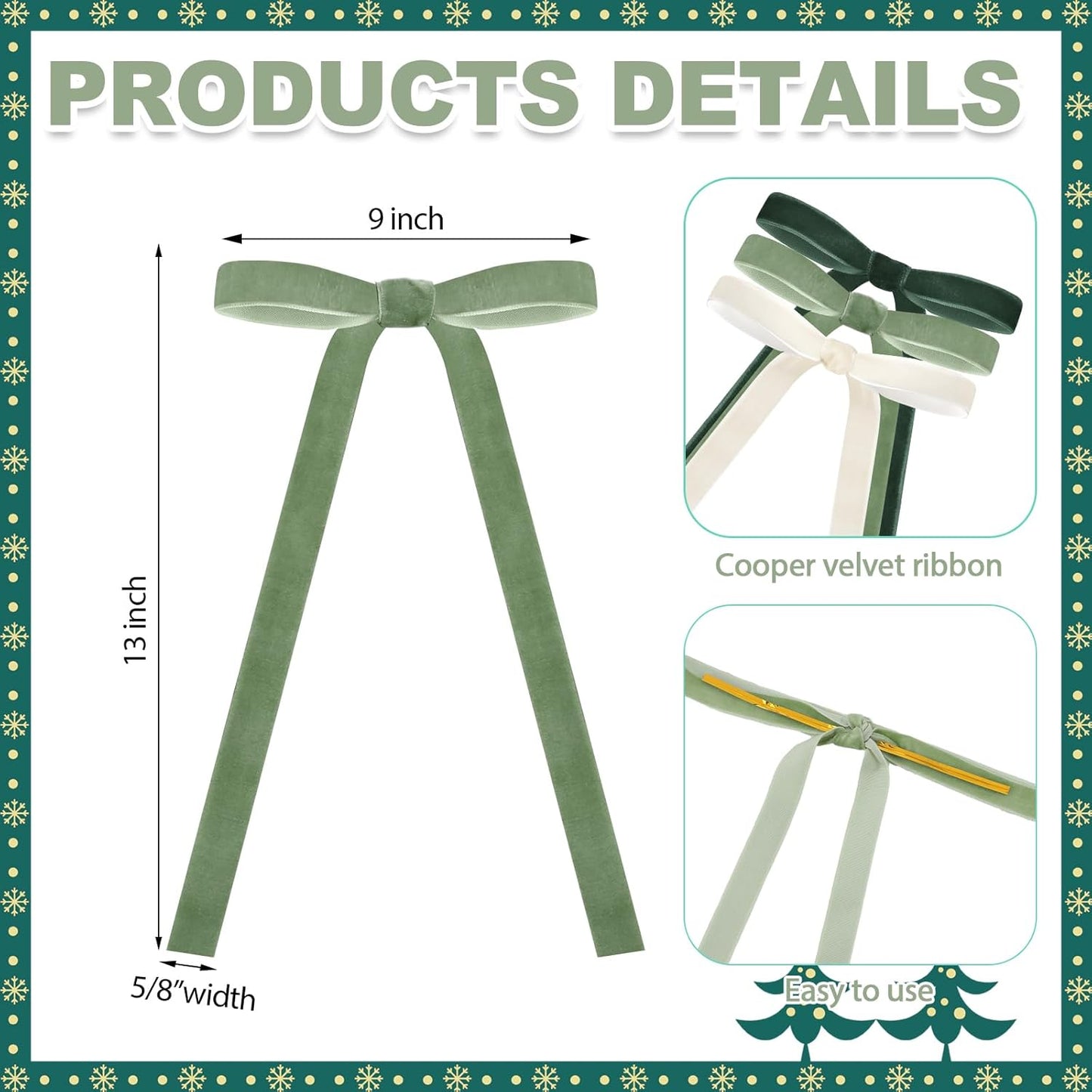 Skiennix 24 Pcs Velvet Bows - Vintage Ribbon Bows for Christmas Tree & Crafts | Dark Green, Beige, Sage Green (9 x 13 Inch)