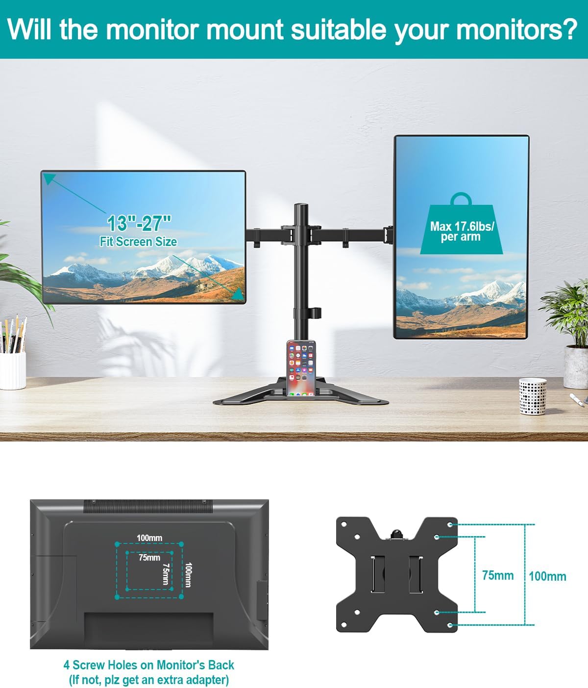 MOUNT PRO 2 27 inches,17.6lbs 75x75 100x100, Dual Monitor Stand, Free-Standing Full Motion Monitor Desk Mount Fits