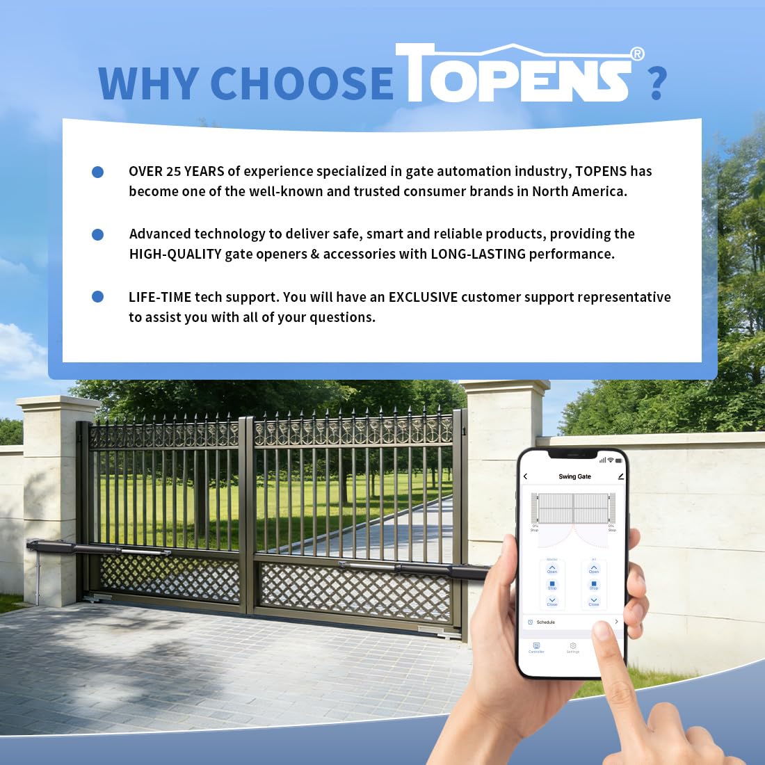 TOPENS XD552 Smart Gate Opener for Medium Duty Dual Swing Gates Up to 18ft per Arm, Automatic Gate Opener with App Control AC Powered Remote Control Kit Solar Compatible