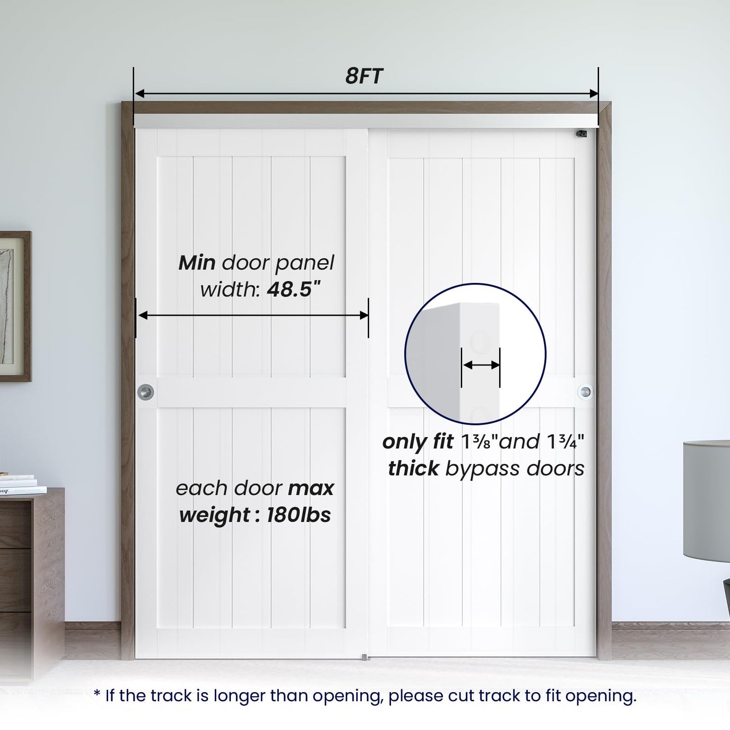 SMARTSTANDARD 96"/8FT Bypass Sliding Door Hardware Kit for Cabinet Closet, Aluminum Alloy Door Hardware with Finger Pull, for 2 Door System, Smoothly and Quietly, Fit 45.5" Wide Door Panel, No Door
