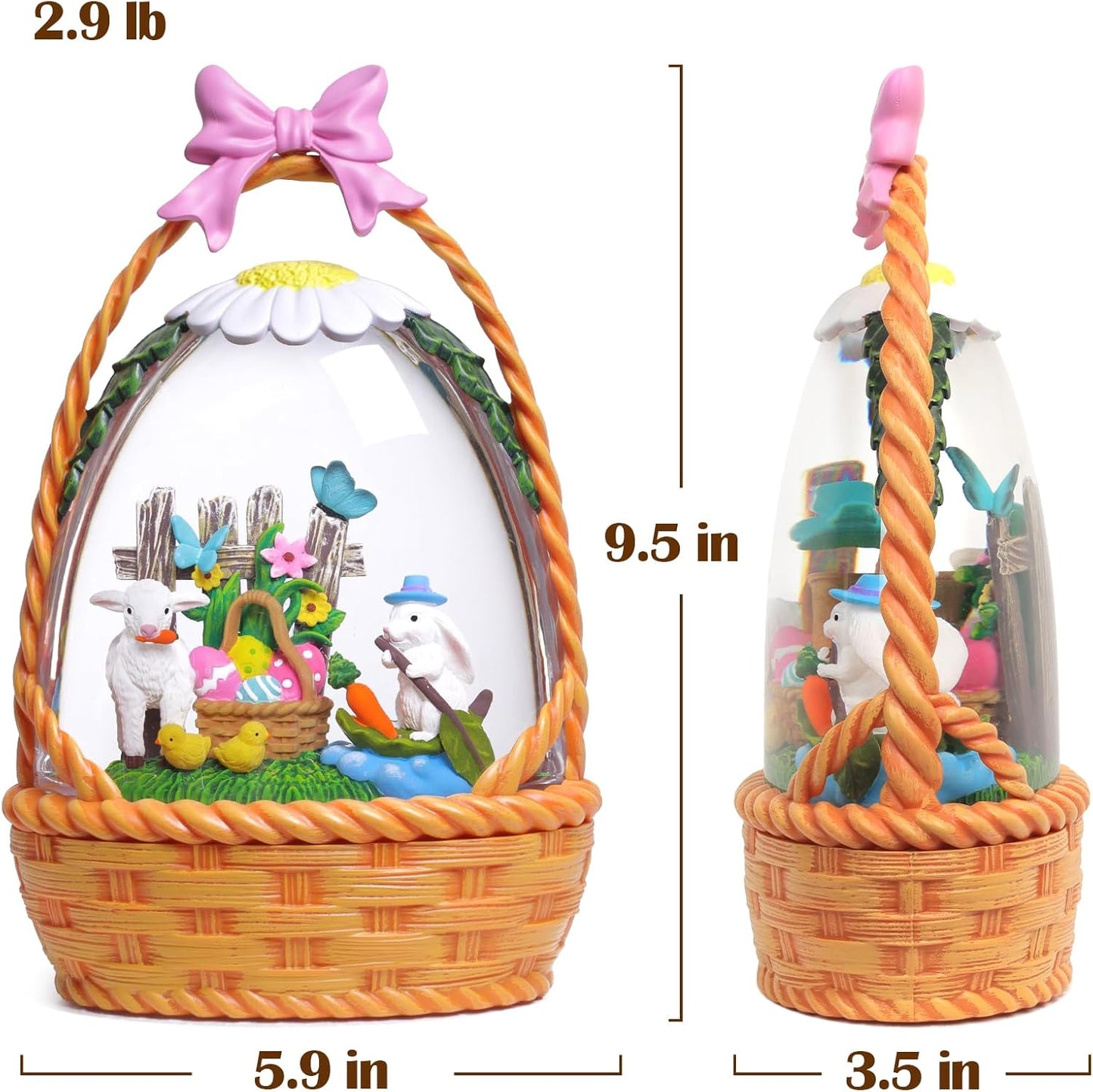 Priddop Easter Bunny Snow Globe | 9.5-Inch Glittering Tabletop Decoration with Timer