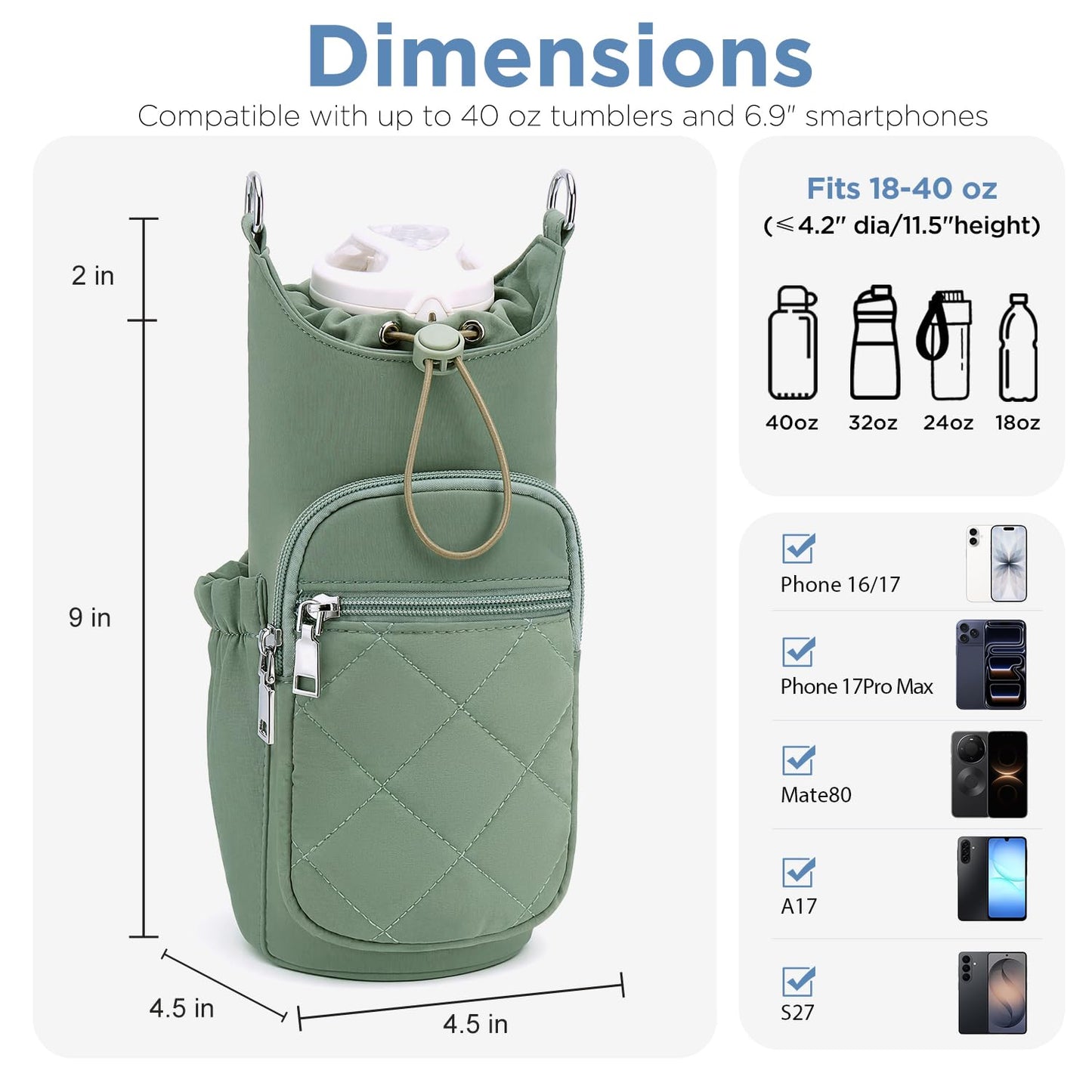 Fiiuos Crossbody Water Bottle Bag for Women, Lightweight Insulated Water Bottle Carrier with Phone Pocket, Secure &Hands-Free for Walking, Travel, Outdoor (Up to 40oz) Antique Green