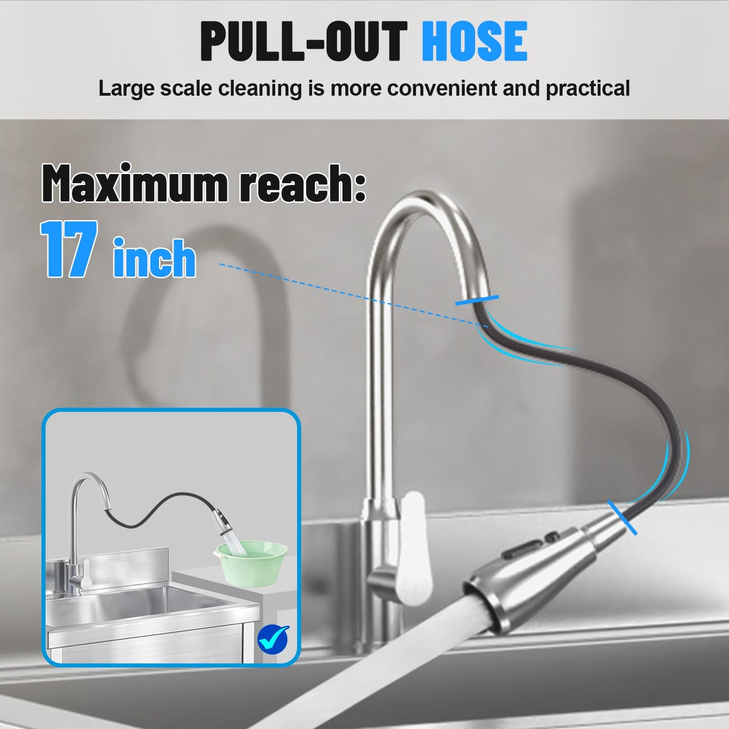 Stainless Steel Utility Sink, 39.5" × 23.6" Freestanding Sink with 360° Retractable Cold and Hot Water Faucet,Hoses and Drain Kit for Kitchens, Bathrooms, Garage, Laundry Room